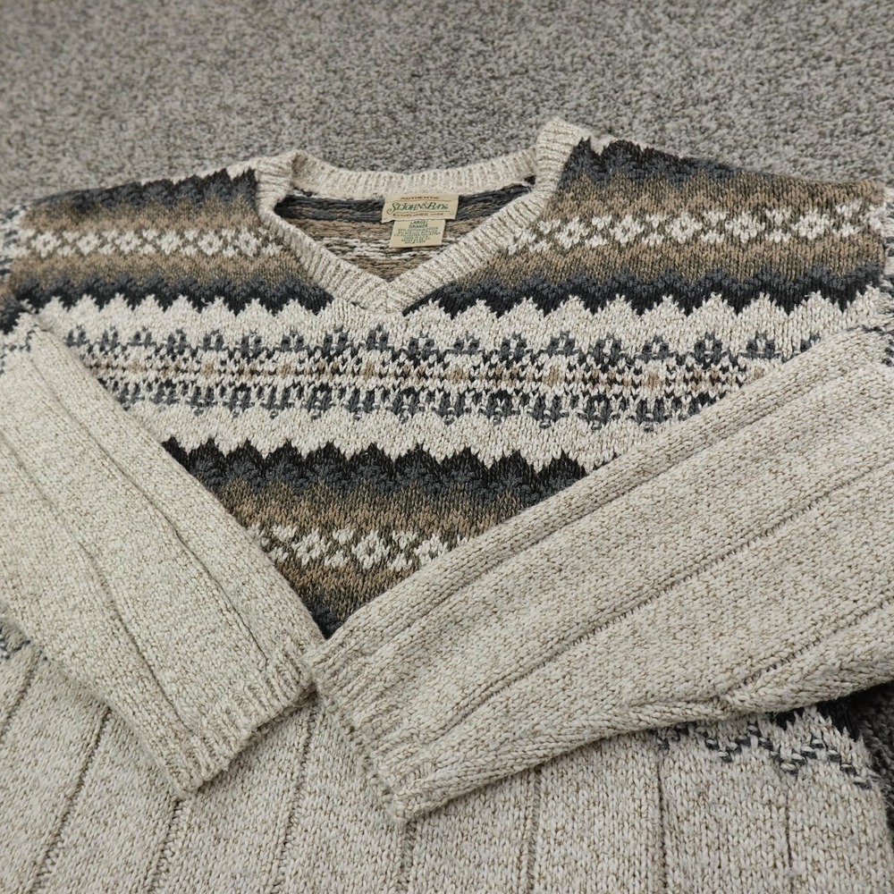 VTG St Johns Bay Sweater Mens L Beige Nordic Fair Isle Pullover V Neck USA 90s